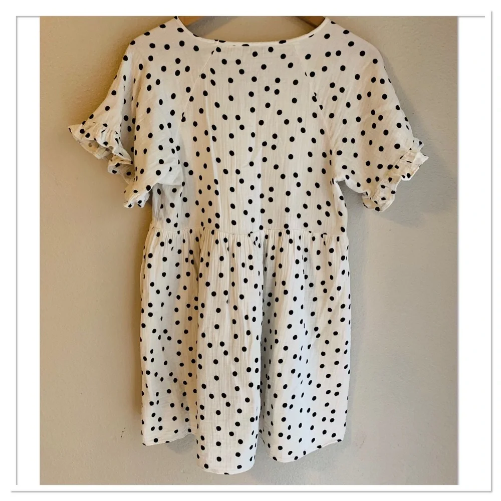 Madewell Lightspun Ruffle Sleeve Babydoll Dress In Dot Toss Ivory Black Size XS